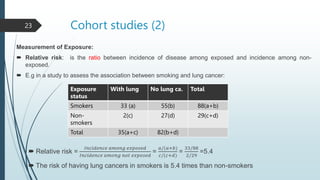 Cohort studies (2)
Measurement of Exposure:
 Relative risk: is the ratio between incidence of disease among exposed and incidence among non-
exposed.
 E.g in a study to assess the association between smoking and lung cancer:
 Relative risk =
𝐼𝑛𝑐𝑖𝑑𝑒𝑛𝑐𝑒 𝑎𝑚𝑜𝑛𝑔 𝑒𝑥𝑝𝑜𝑠𝑒𝑑
𝐼𝑛𝑐𝑖𝑑𝑒𝑛𝑐𝑒 𝑎𝑚𝑜𝑛𝑔 𝑛𝑜𝑡 𝑒𝑥𝑝𝑜𝑠𝑒𝑑
=
𝑎/(𝑎+𝑏)
𝑐/(𝑐+𝑑)
=
33/88
2/29
=5.4
 The risk of having lung cancers in smokers is 5.4 times than non-smokers
23
Exposure
status
With lung No lung ca. Total
Smokers 33 (a) 55(b) 88(a+b)
Non-
smokers
2(c) 27(d) 29(c+d)
Total 35(a+c) 82(b+d)
 