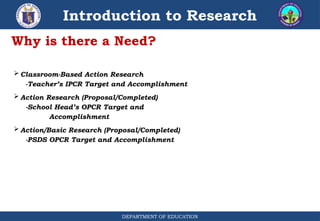 Introduction to Research
DEPARTMENT OF EDUCATION
 Classroom-Based Action Research
-Teacher’s IPCR Target and Accomplishment
 Action Research (Proposal/Completed)
-School Head’s OPCR Target and
Accomplishment
 Action/Basic Research (Proposal/Completed)
-PSDS OPCR Target and Accomplishment
Why is there a Need?
 