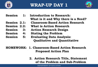 WRAP-UP DAY 1
DEPARTMENT OF EDUCATION
Session 1: Introduction to Research:
What is it and Why there is a Need?
Session 2.1: Classroom-Based Action Research
Session 2.2: What is Action Research
Session 3: Action Research Design
Session 4: Stating the Problem
Session 5: Evaluating Data Analysis:
Qualitative and Quantitative
HOMEWORK: 1. Classroom-Based Action Research
Proposed Action Plan
2. Action Research Title, Statement
of the Problem and Sub-Problem
 