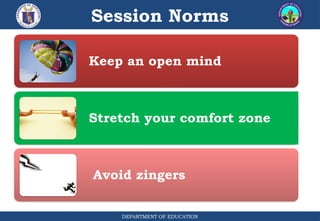 Session Norms
DEPARTMENT OF EDUCATION
Keep an open mind
Stretch your comfort zone
Avoid zingers
 