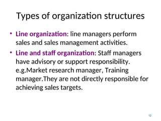 Types of organization structures
• Line organization: line managers perform
sales and sales management activities.
• Line and staff organization: Staff managers
have advisory or support responsibility.
e.g.Market research manager, Training
manager.They are not directly responsible for
achieving sales targets.
12
 