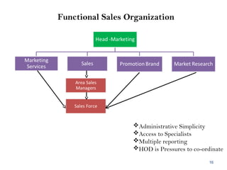 16
Administrative Simplicity
Access to Specialists
Multiple reporting
HOD is Pressures to co-ordinate
Functional Sales Organization
 