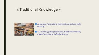Traditional Knowledge vs.
Intellectual Property System
Traditional
Knowledge
Intellectual
Property
Creation Collective Ind...