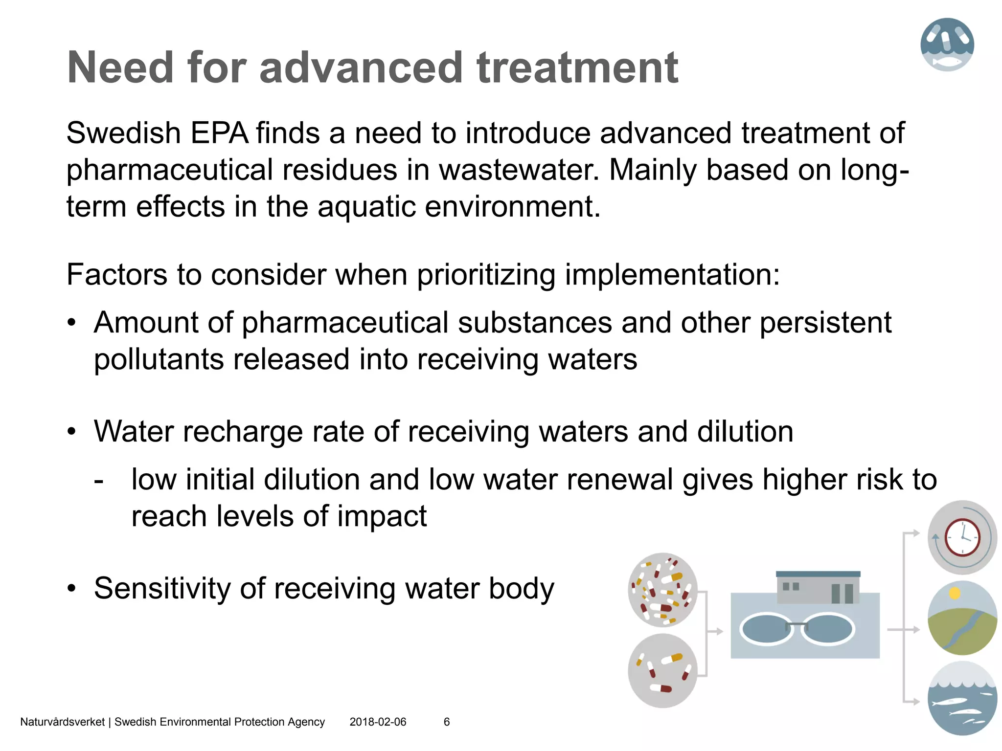 2018-02-06Naturvårdsverket | Swedish Environmental Protection Agency 6
Need for advanced treatment
Swedish EPA finds a need to introduce advanced treatment of
pharmaceutical residues in wastewater. Mainly based on long-
term effects in the aquatic environment.
Factors to consider when prioritizing implementation:
• Amount of pharmaceutical substances and other persistent
pollutants released into receiving waters
• Water recharge rate of receiving waters and dilution
- low initial dilution and low water renewal gives higher risk to
reach levels of impact
• Sensitivity of receiving water body
 