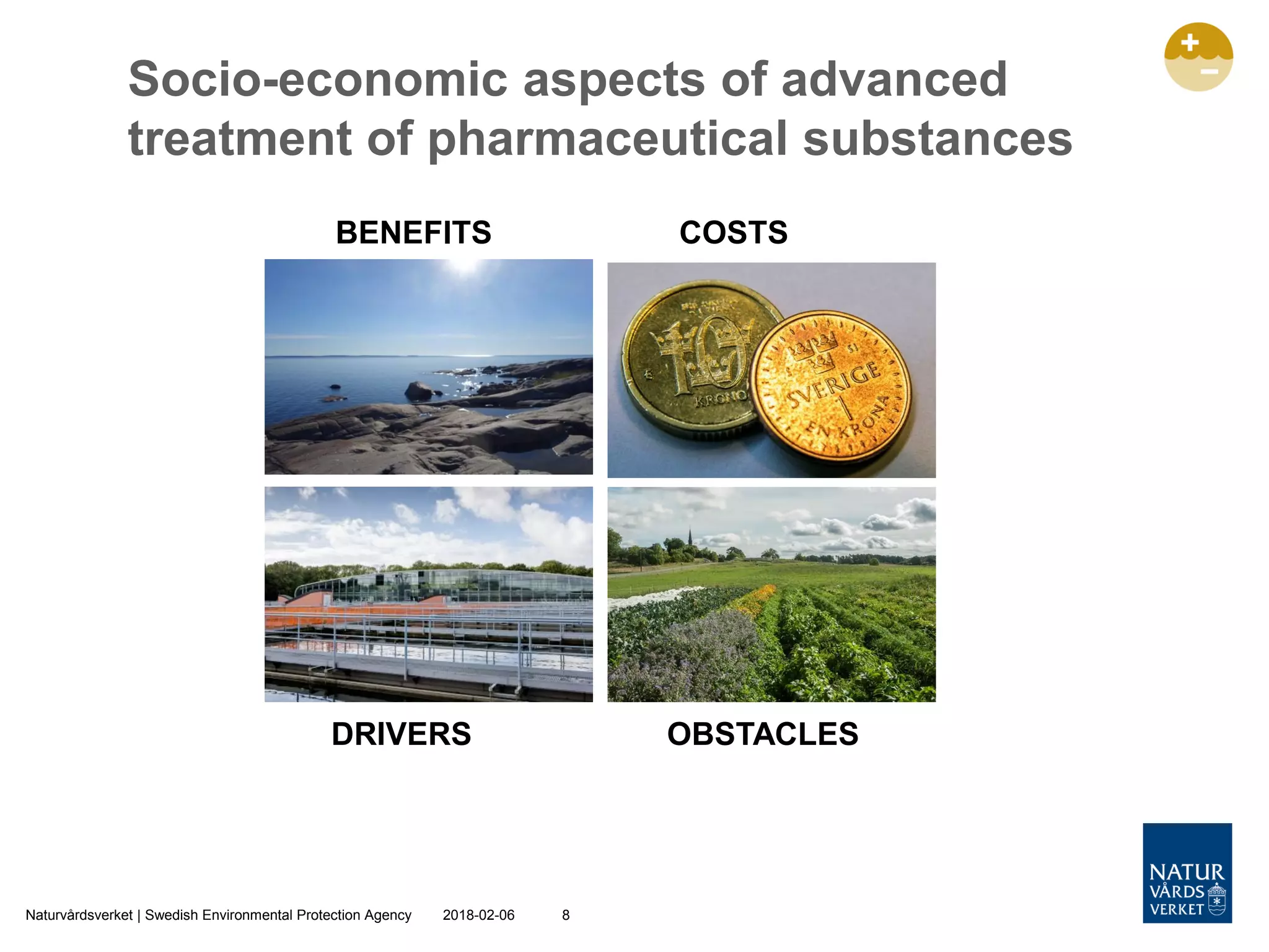 Socio-economic aspects of advanced
treatment of pharmaceutical substances
2018-02-06Naturvårdsverket | Swedish Environmental Protection Agency 8
BENEFITS COSTS
DRIVERS OBSTACLES
 