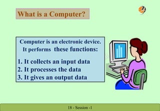 18 - Session -1
What is a Computer?
Computer is an electronic device.
It performs these functions:
1. It collects an input data
2. It processes the data
3. It gives an output data
 