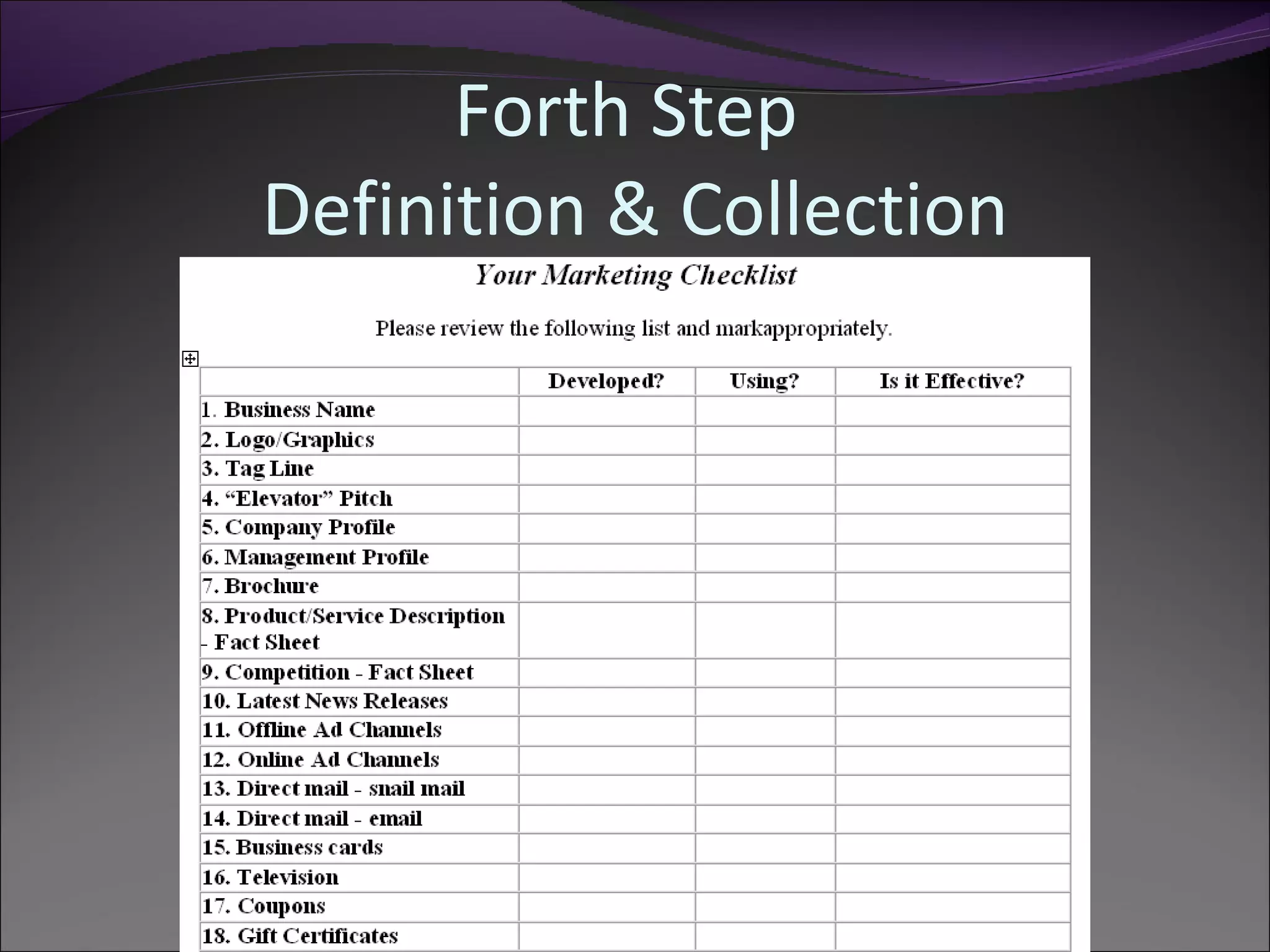 Forth Step
Definition & Collection
 