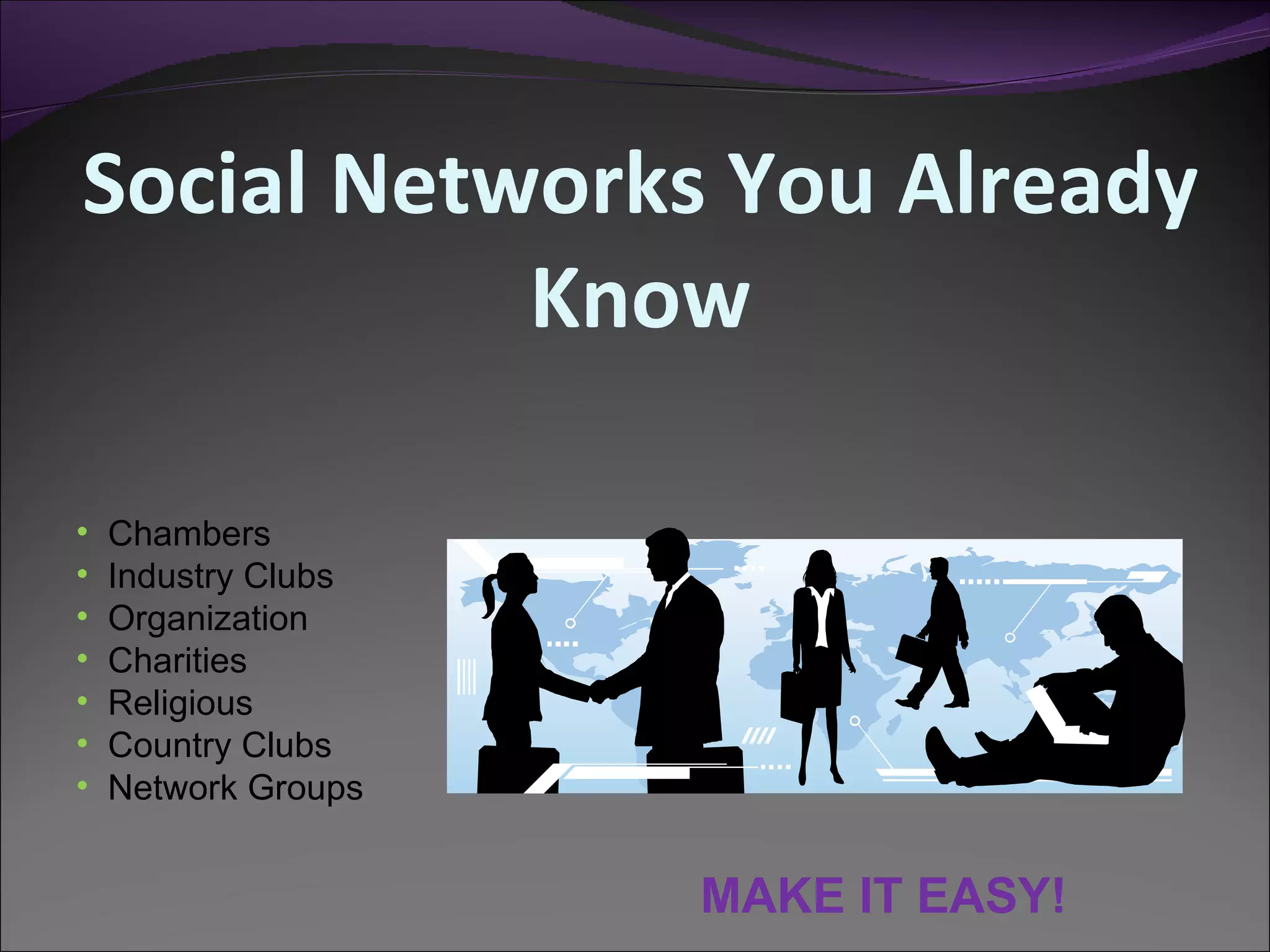 Social Networks You Already
           Know

•   Chambers
•   Industry Clubs
•   Organization
•   Charities
•   Religious
•   Country Clubs
•   Network Groups


                     MAKE IT EASY!
 