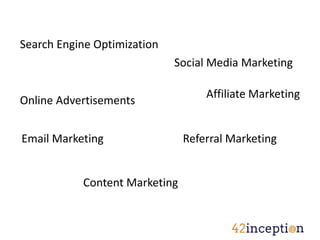 Search Engine Optimization
                             Social Media Marketing

                                   Affiliate Marketing
Online Advertisements


Email Marketing                Referral Marketing


           Content Marketing
 