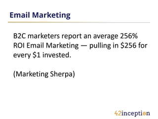Email Marketing

B2C marketers report an average 256%
ROI Email Marketing — pulling in $256 for
every $1 invested.

(Marketing Sherpa)
 