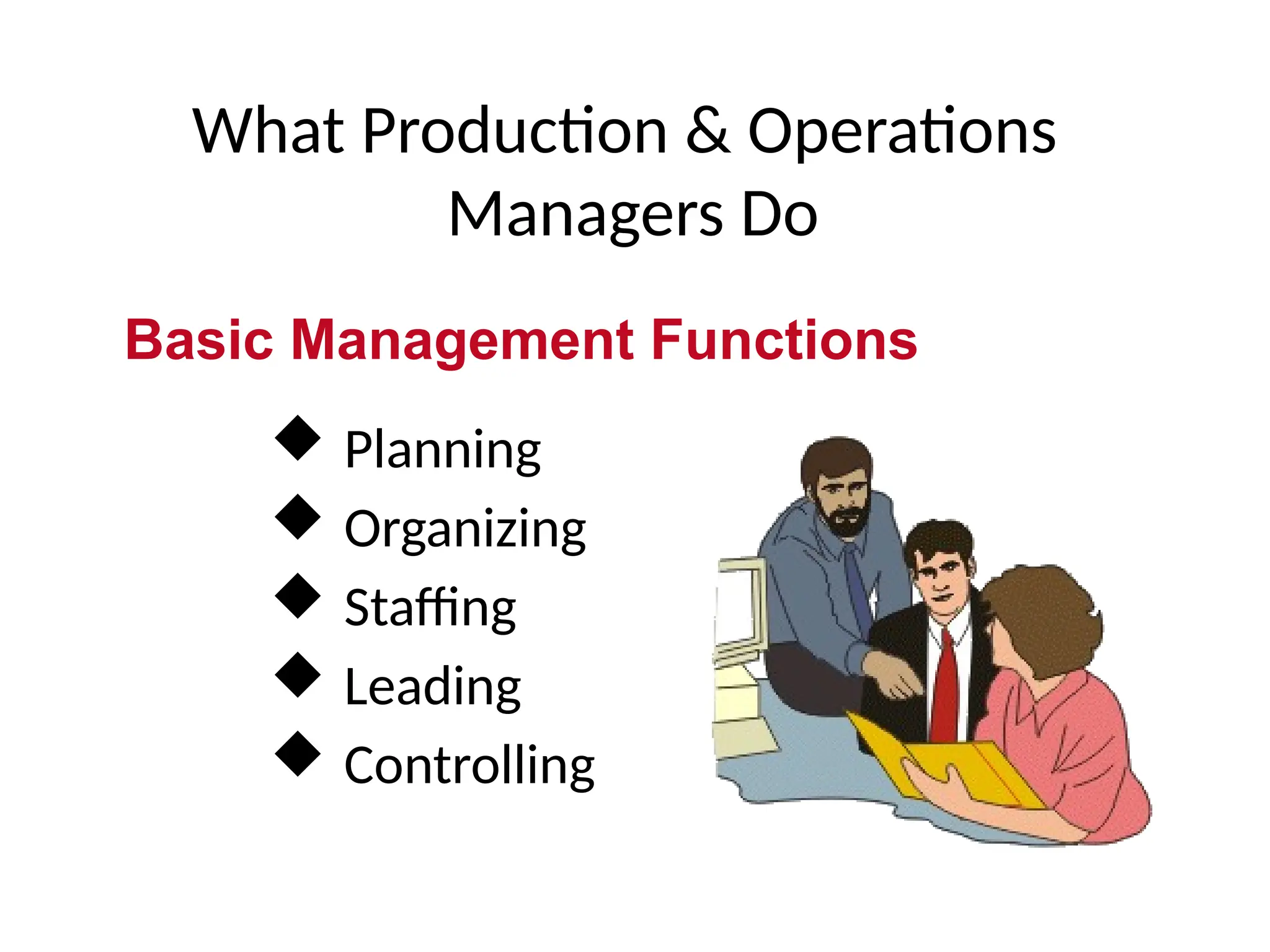 What Production & Operations
Managers Do
 Planning
 Organizing
 Staffing
 Leading
 Controlling
Basic Management Functions
 