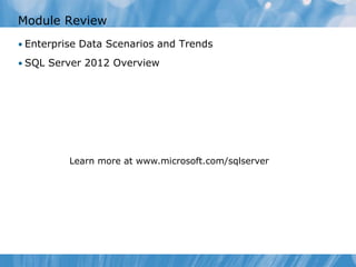Module Review
• Enterprise Data Scenarios and Trends

• SQL Server 2012 Overview




          Learn more at www.microsoft.com/sqlserver
 