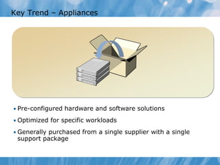 Key Trend – Appliances




• Pre-configured hardware and software solutions

• Optimized for specific workloads

• Generally purchased from a single supplier with a single
 support package
 