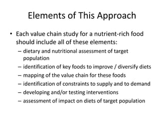 Elements of This Approach
• Each value chain study for a nutrient-rich food
should include all of these elements:
– dietary and nutritional assessment of target
population
– identification of key foods to improve / diversify diets
– mapping of the value chain for these foods
– identification of constraints to supply and to demand
– developing and/or testing interventions
– assessment of impact on diets of target population
 