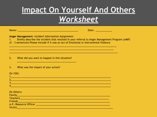 Impact On Yourself And Others
Worksheet
Name: ____________________________________________ Date: ____________
Anger Management- Incident Information Assignment:
1. Briefly describe the incident that resulted in your referral to Anger Management Program (AMP)
(2 – 3 sentences) Please include if it was an act of Emotional or Instrumental Violence
______________________________________________________________________________
____________________________________________________________________________
_______________________________________________________________________________
2. What did you want to happen in this situation?
___________________________________________
3. What was the impact of your action?
On YOU:
1_________________________________________________________________________
2_________________________________________________________________________
3_________________________________________________________________________
4_________________________________________________________________________
On Others:
Family____________________________________________________________________
Teachers_________________________________________________________________
Friends___________________________________________________________________
A.P./Resource Officer ______________________________________________________
Victim______________________________________________________________________
 