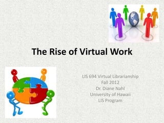 The Rise of Virtual Work

            LIS 694 Virtual Librarianship
                      Fall 2012
                   Dr. Diane Nahl
                University of Hawaii
                    LIS Program
 