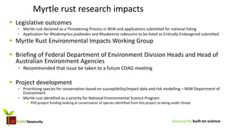 biosecurity built on science
 Legislative outcomes
- Myrtle rust declared as a Threatening Process in NSW and applications submitted for national listing
- Application for Rhodomyrtus psidioides and Rhodamnia rubescens to be listed as Critically Endangered submitted
 Myrtle Rust Environmental Impacts Working Group
 Briefing of Federal Department of Environment Division Heads and Head of
Australian Environment Agencies
- Recommended that issue be taken to a future COAG meeting
 Project development
- Prioritising species for conservation based on susceptibility/impact data and risk modelling – NSW Department of
Environment
- Myrtle rust identified as a priority for National Environmental Science Program
 PhD project funding looking at conservation of species identified from this project as being under threat
Myrtle rust research impacts
 