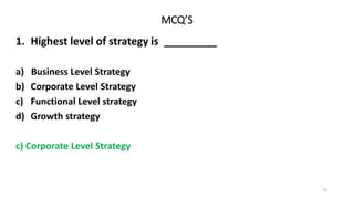 MCQ’S
1. Highest level of strategy is _________
a) Business Level Strategy
b) Corporate Level Strategy
c) Functional Level strategy
d) Growth strategy
c) Corporate Level Strategy
14
 
