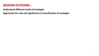 SESSION OUTCOME :
Understand different levels of strategies
Appreciate the role and significance of classification of strategies
6
 