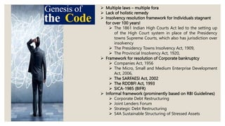 Genesis of
the Code
 Multiple laws – multiple fora
 Lack of holistic remedy
 Insolvency resolution framework for Individuals stagnant
for over 100 years!
 The 1861 Indian High Courts Act led to the setting up
of the High Court system in place of the Presidency
towns Supreme Courts, which also has jurisdiction over
insolvency
 The Presidency Towns Insolvency Act, 1909,
 The Provincial Insolvency Act, 1920,
 Framework for resolution of Corporate bankruptcy
 Companies Act, 1956
 The Micro, Small and Medium Enterprise Development
Act, 2006,
 The SARFAESI Act, 2002
 The RDDBFI Act, 1993
 SICA-1985 (BIFR)
 Informal framework (prominently based on RBI Guidelines)
 Corporate Debt Restructuring
 Joint Lenders Forum
 Strategic Debt Restructuring
 S4A Sustainable Structuring of Stressed Assets
 