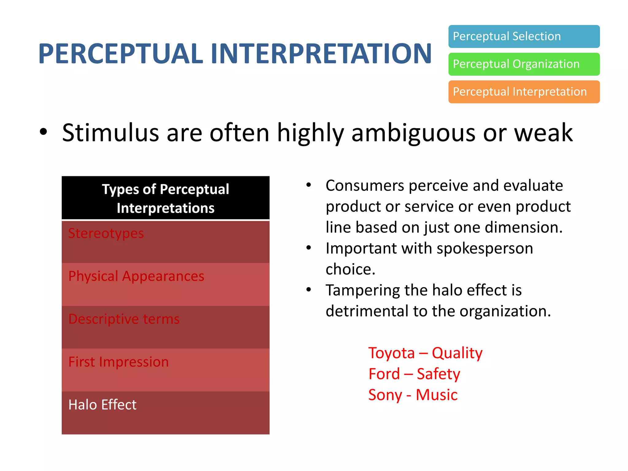 PERCEPTUAL INTERPRETATION
• Stimulus are often highly ambiguous or weak
Perceptual Selection
Perceptual Organization
Perceptual Interpretation
Types of Perceptual
Interpretations
Stereotypes
Physical Appearances
Descriptive terms
First Impression
Halo Effect
• Consumers perceive and evaluate
product or service or even product
line based on just one dimension.
• Important with spokesperson
choice.
• Tampering the halo effect is
detrimental to the organization.
Toyota – Quality
Ford – Safety
Sony - Music
 