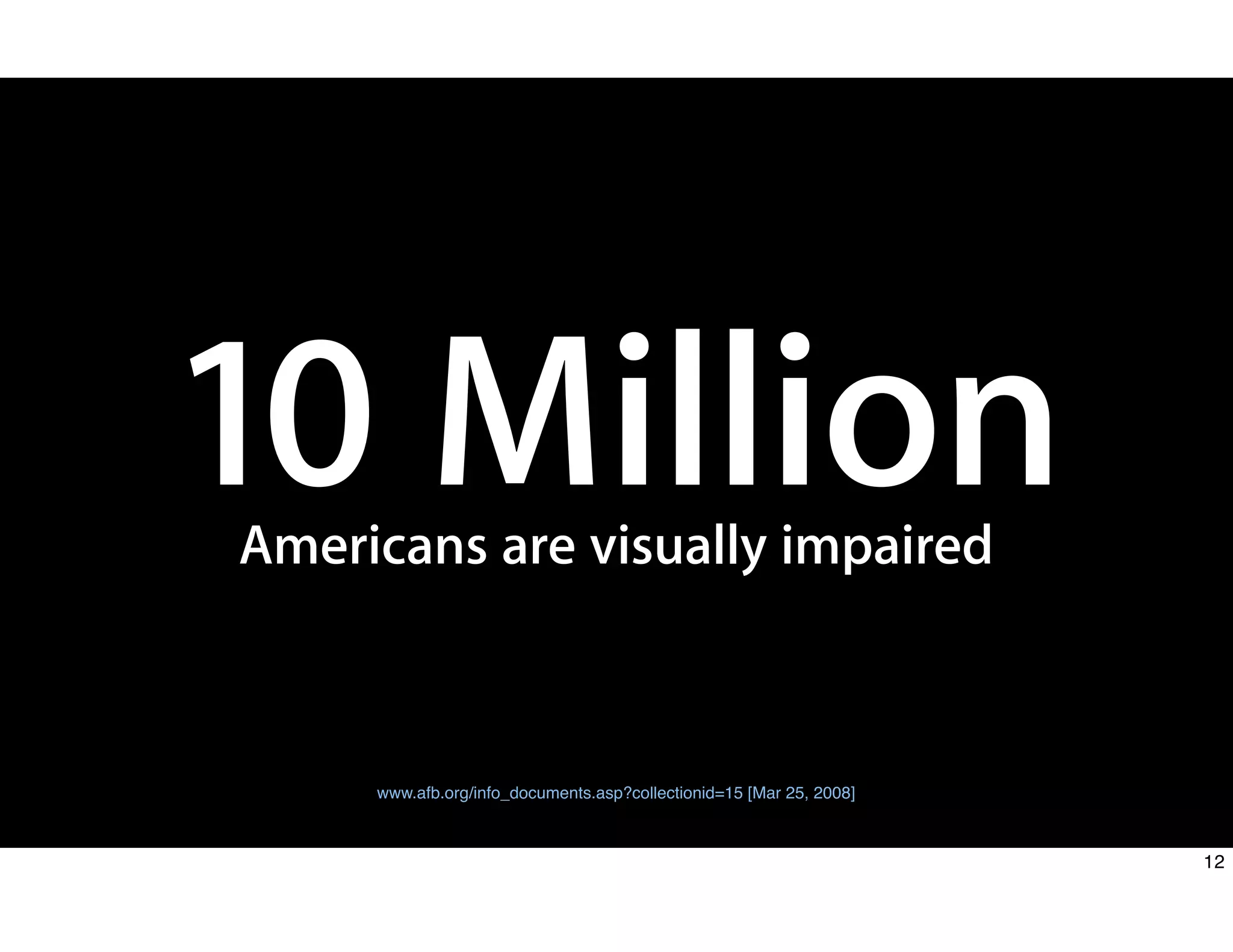 10 Million
Americans are visually impaired
www.afb.org/info_documents.asp?collectionid=15 [Mar 25, 2008]
12
 