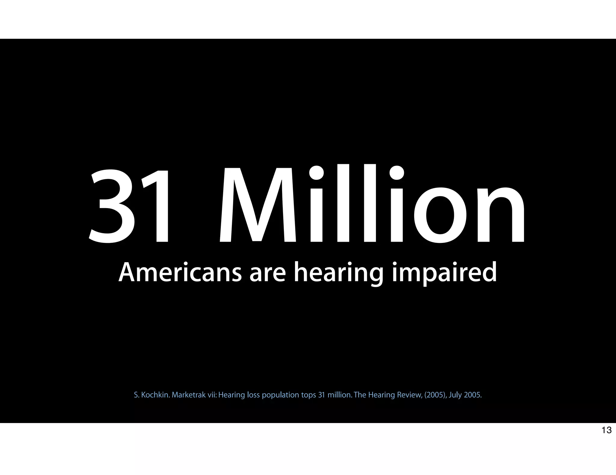 S. Kochkin. Marketrak vii: Hearing loss population tops 31 million. The Hearing Review, (2005), July 2005.
31 Million
Americans are hearing impaired
13
 