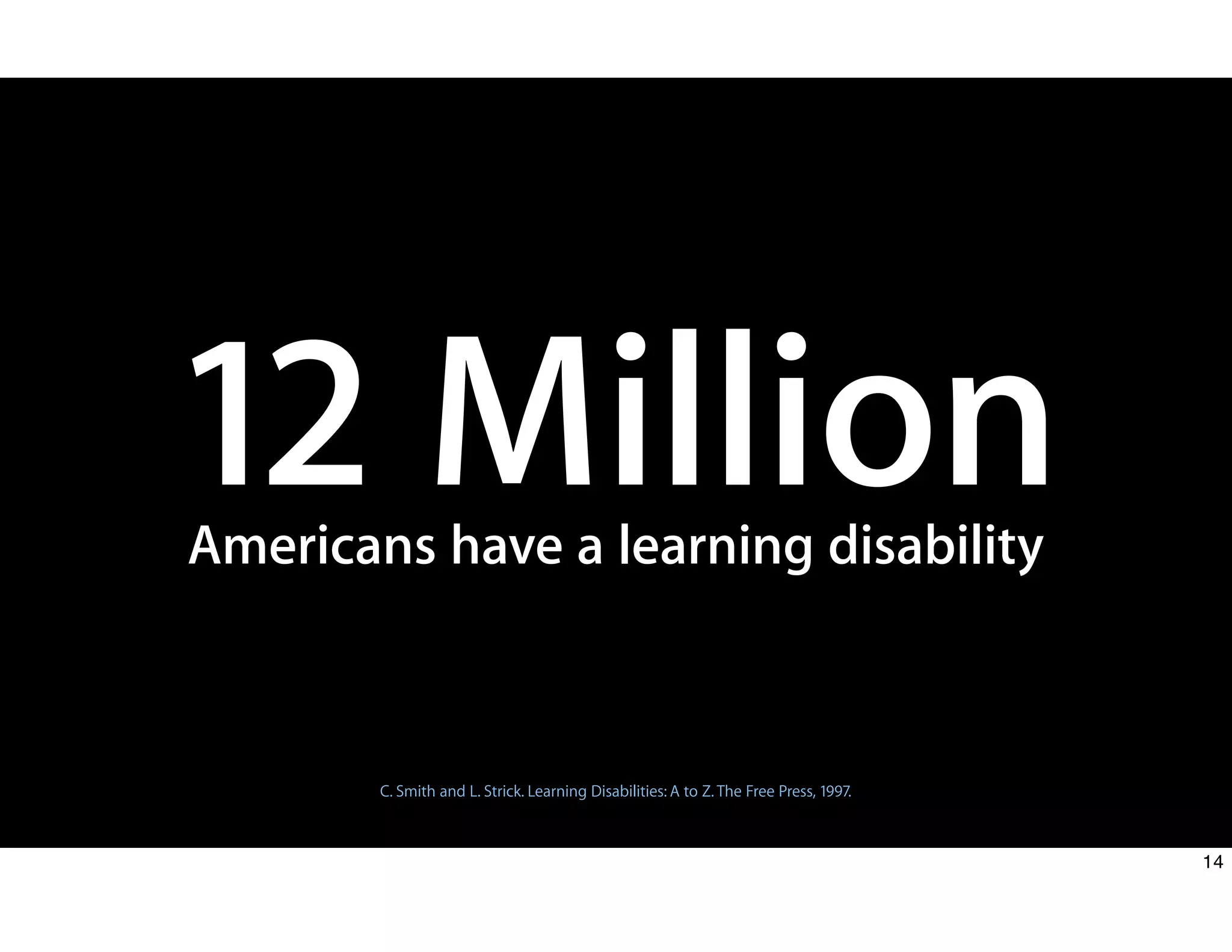 12 Million
Americans have a learning disability
C. Smith and L. Strick. Learning Disabilities: A to Z. The Free Press, 1997.
14
 