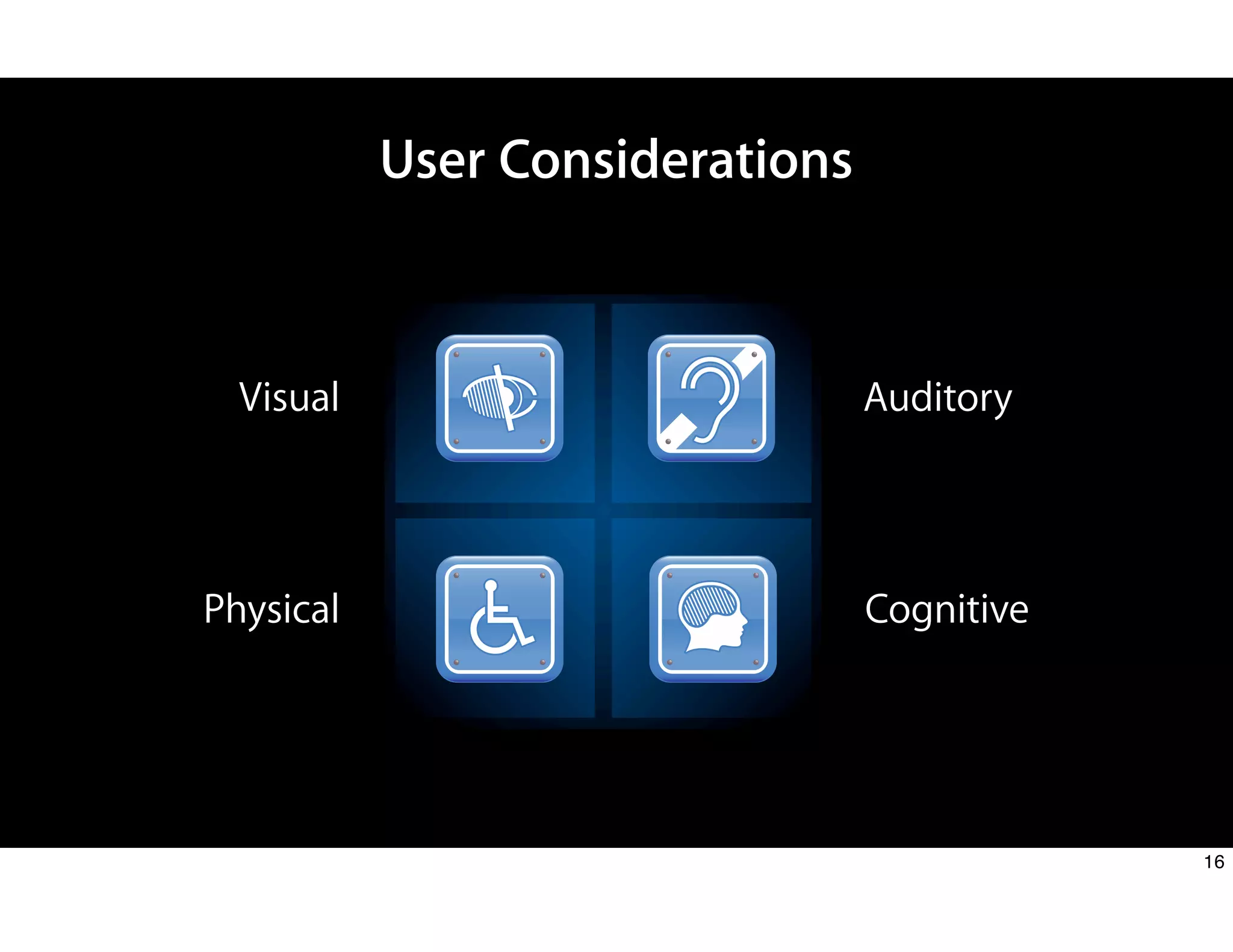 User Considerations
Visual Auditory
Cognitive
Physical
16
 