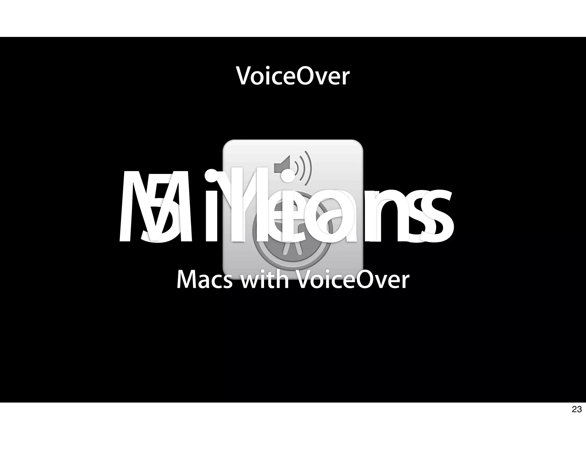 VoiceOver
5 Years
Macs with VoiceOver
Millions
23
 