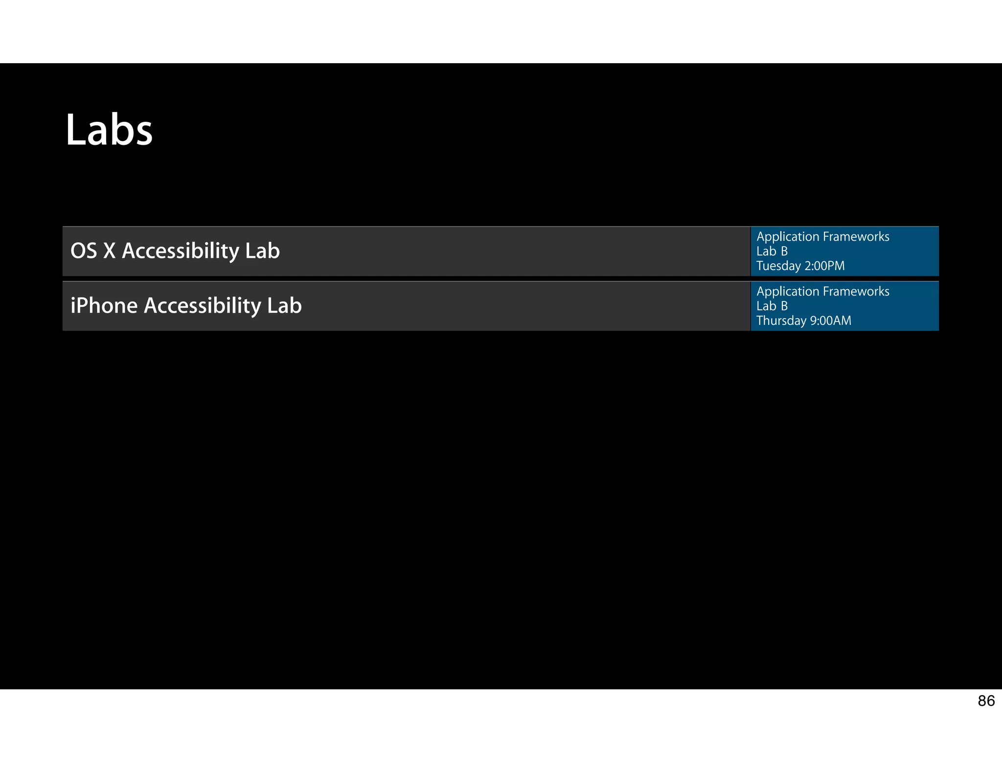 OS X Accessibility Lab
Application Frameworks
Lab B
Tuesday 2:00PM
iPhone Accessibility Lab
Application Frameworks
Lab B
Thursday 9:00AM
Labs
86
 