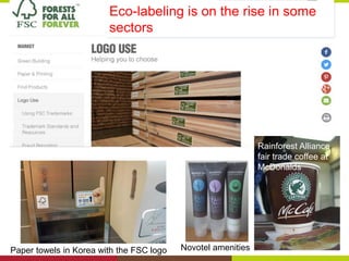 Paper towels in Korea with the FSC logo
Eco-labeling is on the rise in some
sectors
Novotel amenities
Rainforest Alliance
fair trade coffee at
McDonalds
 