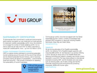 To demonstratetheir commitment to social and environmental
good practice, weexpect our own hotelsand our hotel partners
to implement crediblesustainability certifica tions. Our ambition
isto increasethenumber of hotelsachievingcertifica tion so
that by 2020 we can takemorethan 10 million customersto
hotelswith crediblecertifica tions up from 5.6 million in 2015.
GSTCisaglobal initiativededicated to promotingsustainable
tourism practicesaround theworld. At thecore of their efforts
aretheGlobal SustainableTourism Criteria, aset of voluntary
principlescoveringall aspectsof sustainability – environmental,
social and economic– that provideaframeworkfor assessing
thesustainability of tourismbusinesses.
TUI focuseson certifica tionsthat arealigned with theGlobal
SustainableTourism riteria. urrently 25 standardshave
achieved GSTCrecognition or approval, includingTravelife,
Earthcheck, Green Key and Green Globe.
www.gstcouncil.org
We arestrongadvocatesof theTravelifesustainability
certific
a
tion scheme.TUI isTravelife’slargest supporter, with
morethan 450 certified ho telsfeatured in our product offering
in 2015. Weplay an activeroleon theTravelife Board and
SteeringCommitteeand helped to develop new, stricter criteria
launched in June2014.Thenewcriteriaadhereto international
standards(includingGST and EU Ecolabel) and cover areas
such asreducingwaste, useof water, energy and harmful
chemicals, supportinglocal communitiesand protecting
employees,wildlife and human rights.
www.travelife.org
sustainability certifica tions
50 of our hotels(representingnearly
5. million customers) weresubscribed
or certifie
d
t oTravelifeor awarded aGST
certific
a
tion in 2015.
 