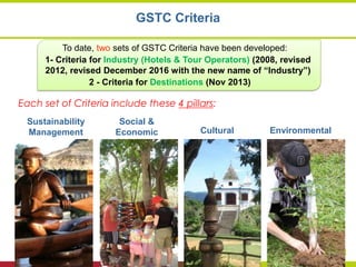 Each set of Criteria include these 4 pillars:
Social &
Economic Cultural Environmental
Sustainability
Management
GSTC Criteria
2 - Criteria for Destinations (Nov 2013)
1- Criteria for Industry (Hotels & Tour Operators) (2008, revised
2012, revised December 2016 with the new name of “Industry”)
To date, two sets of GSTC Criteria have been developed:
 