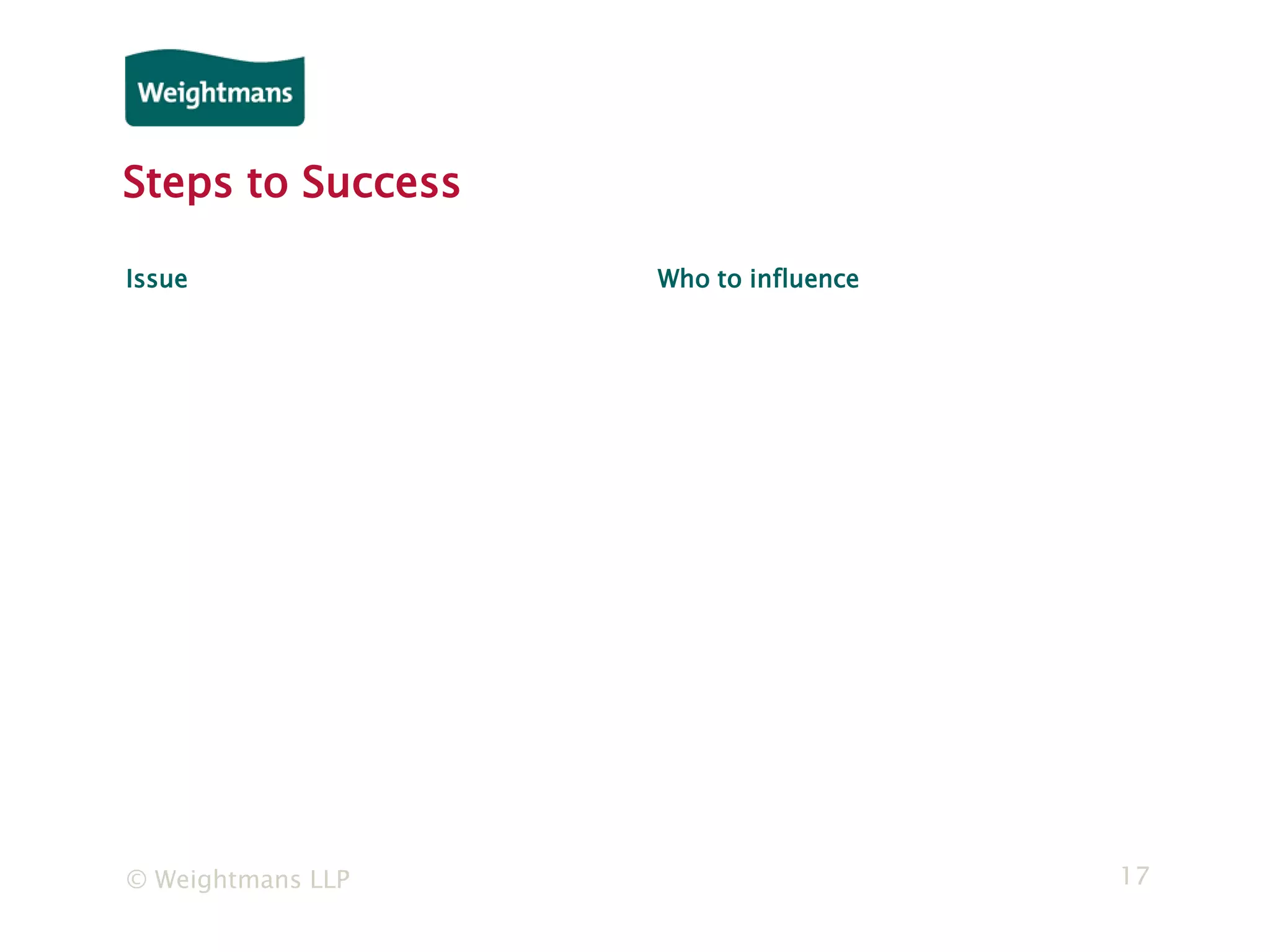 © Weightmans LLP 17
Steps to Success
Issue Who to influence
 