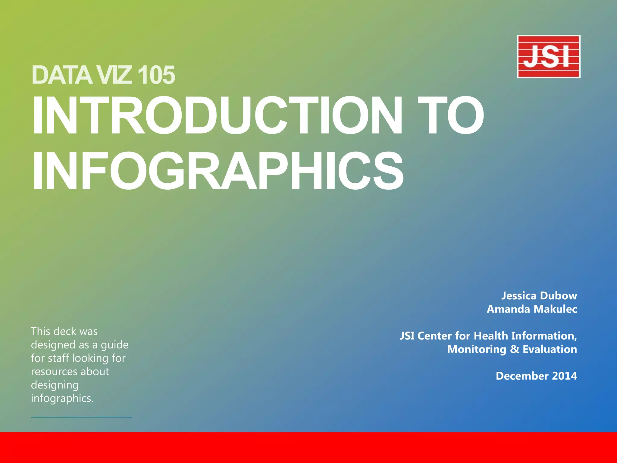 DATA VIZ 105 INTRODUCTION TO INFOGRAPHICS 
This deck was designed as a guide for staff looking for resources about designing infographics. 
Jessica Dubow 
Amanda Makulec 
JSI Center for Health Information, Monitoring & Evaluation 
December 2014  