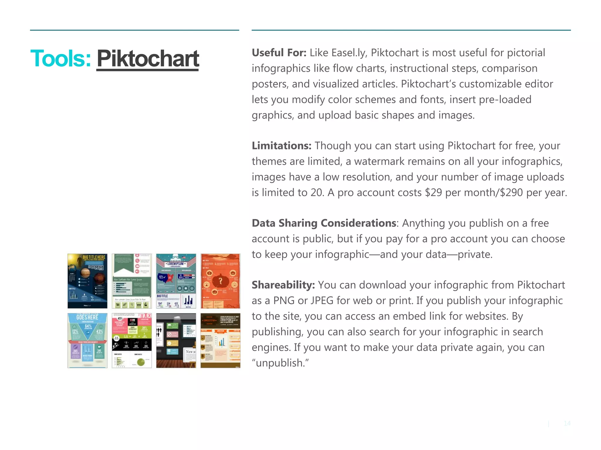14 
| 
Tools: Piktochart 
Useful For: Like Easel.ly, Piktochart is most useful for pictorial infographics like flow charts, instructional steps, comparison posters, and visualized articles. Piktochart’s customizable editor lets you modify color schemes and fonts, insert pre-loaded graphics, and upload basic shapes and images. 
Limitations: Though you can start using Piktochart for free, your themes are limited, a watermark remains on all your infographics, images have a low resolution, and your number of image uploads is limited to 20. A pro account costs $29 per month/$290 per year. 
Data Sharing Considerations: Anything you publish on a free account is public, but if you pay for a pro account you can choose to keep your infographic—and your data—private. 
Shareability: You can download your infographic from Piktochart as a PNG or JPEG for web or print. If you publish your infographic to the site, you can access an embed link for websites. By publishing, you can also search for your infographic in search engines. If you want to make your data private again, you can “unpublish.”  