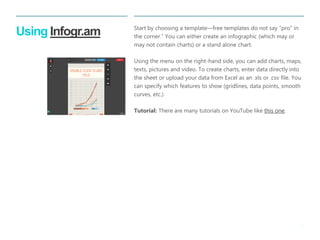 19 
| 
Using Infogr.am 
Start by choosing a template—free templates do not say “pro” in the corner.” You can either create an infographic (which may or may not contain charts) or a stand alone chart. 
Using the menu on the right-hand side, you can add charts, maps, texts, pictures and video. To create charts, enter data directly into the sheet or upload your data from Excel as an .xls or .csv file. You can specify which features to show (gridlines, data points, smooth curves, etc.) 
Tutorial: There are many tutorials on YouTube like this one.  