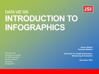 DATA VIZ 105 INTRODUCTION TO INFOGRAPHICS 
This deck was designed as a guide for staff looking for resources about designing infographics. 
Jessica Dubow 
Amanda Makulec 
JSI Center for Health Information, Monitoring & Evaluation 
December 2014  