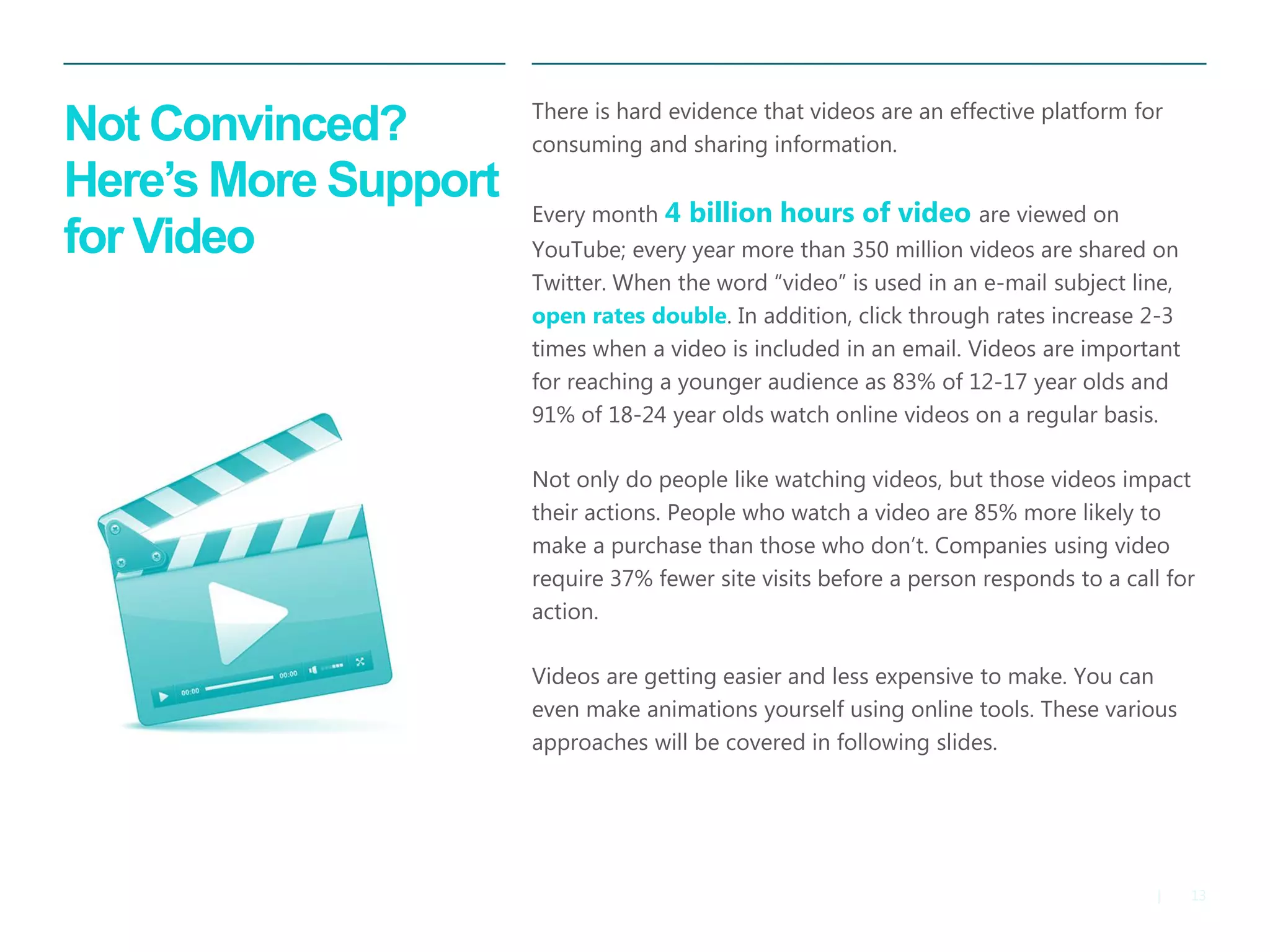 13 
| 
Not Convinced? Here’s More Support for Video 
There is hard evidence that videos are an effective platform for consuming and sharing information. 
Every month 4 billion hours of video are viewed on YouTube; every year more than 350 million videos are shared on Twitter. When the word “video” is used in an e-mail subject line, open rates double. In addition, click through rates increase 2-3 times when a video is included in an email. Videos are important for reaching a younger audience as 83% of 12-17 year olds and 91% of 18-24 year olds watch online videos on a regular basis. 
Not only do people like watching videos, but those videos impact their actions. People who watch a video are 85% more likely to make a purchase than those who don’t. Companies using video require 37% fewer site visits before a person responds to a call for action. 
Videos are getting easier and less expensive to make. You can even make animations yourself using online tools. These various approaches will be covered in following slides. 
 