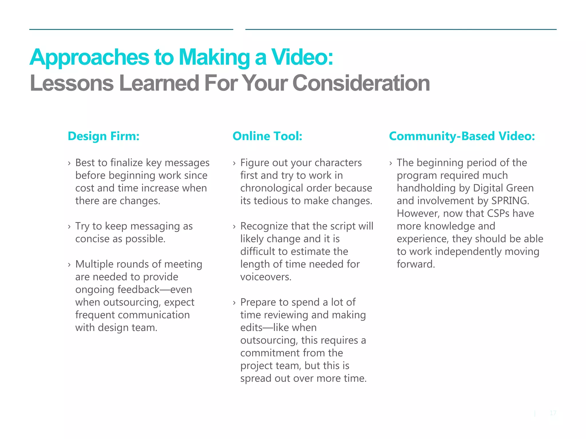 17 
| 
Approaches to Making a Video: Lessons Learned For Your Consideration 
Design Firm: 
›Best to finalize key messages before beginning work since cost and time increase when there are changes. 
›Try to keep messaging as concise as possible. 
›Multiple rounds of meeting are needed to provide ongoing feedback—even when outsourcing, expect frequent communication with design team. 
Online Tool: 
›Figure out your characters first and try to work in chronological order because its tedious to make changes. 
›Recognize that the script will likely change and it is difficult to estimate the length of time needed for voiceovers. 
›Prepare to spend a lot of time reviewing and making edits—like when outsourcing, this requires a commitment from the project team, but this is spread out over more time. 
Community-Based Video: 
›The beginning period of the program required much handholding by Digital Green and involvement by SPRING. However, now that CSPs have more knowledge and experience, they should be able to work independently moving forward.  