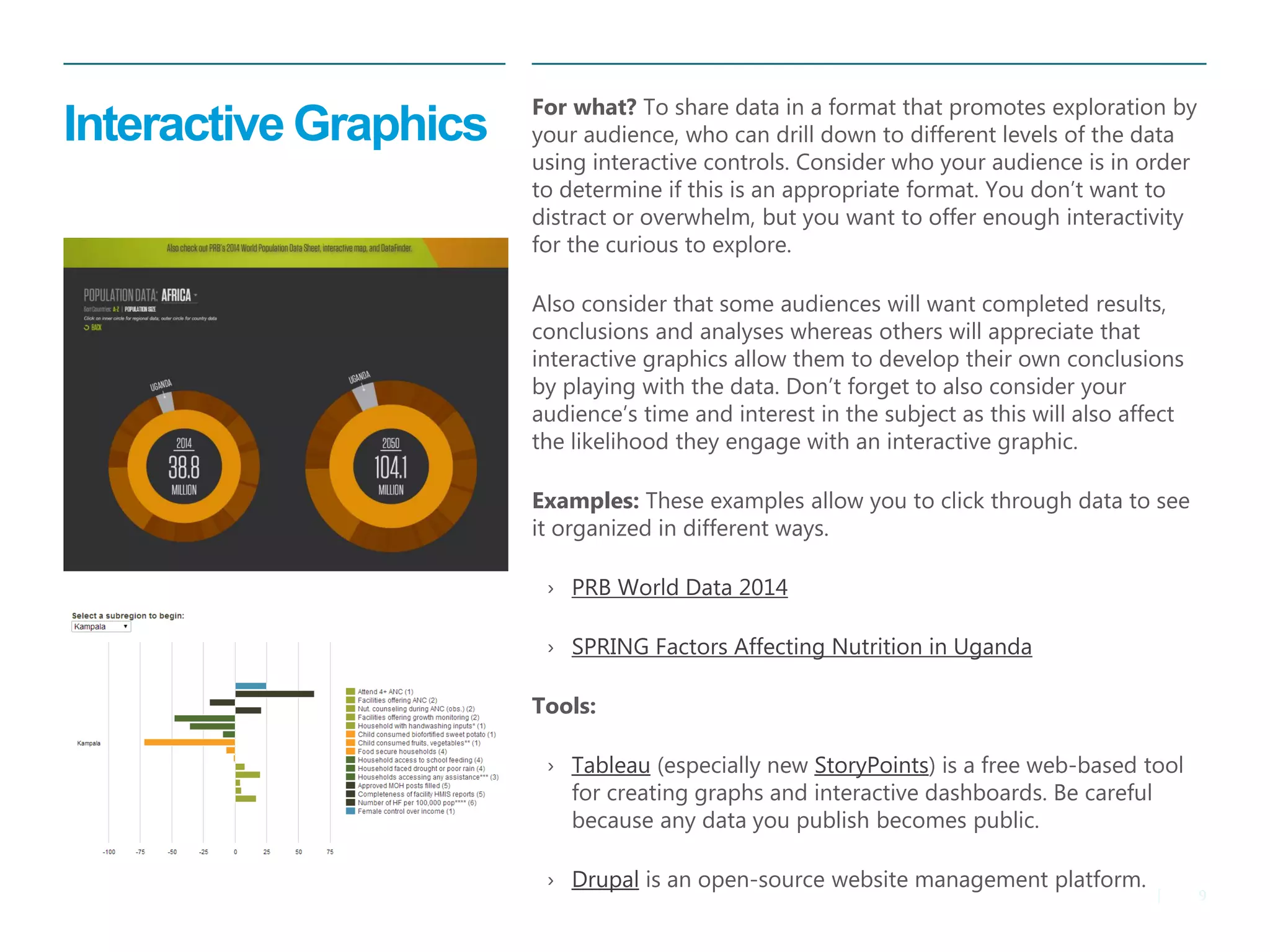 9 
| 
Interactive Graphics 
For what? To share data in a format that promotes exploration by your audience, who can drill down to different levels of the data using interactive controls. Consider who your audience is in order to determine if this is an appropriate format. You don’t want to distract or overwhelm, but you want to offer enough interactivity for the curious to explore. 
Also consider that some audiences will want completed results, conclusions and analyses whereas others will appreciate that interactive graphics allow them to develop their own conclusions by playing with the data. Don’t forget to also consider your audience’s time and interest in the subject as this will also affect the likelihood they engage with an interactive graphic. 
Examples: These examples allow you to click through data to see it organized in different ways. 
›PRB World Data 2014 
›SPRING Factors Affecting Nutrition in Uganda 
Tools: 
›Tableau (especially new StoryPoints) is a free web-based tool for creating graphs and interactive dashboards. Be careful because any data you publish becomes public. 
›Drupal is an open-source website management platform.  