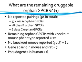 What are the remaining druggable
orphan GPCRS? (1)
• No reported pairings (91 in total):
– 57 class A orphan GPCRs
– 28 class B orphan GPCRs
– 6 class C orphan GPCRs
• Remaining orphan GPCRs with knockout
mouse phenotype reported = 22
• No knockout mouse reported (yet?) = 62
• Gene absent in mouse and rat = 7
• Pseudogenes in human = 6
 