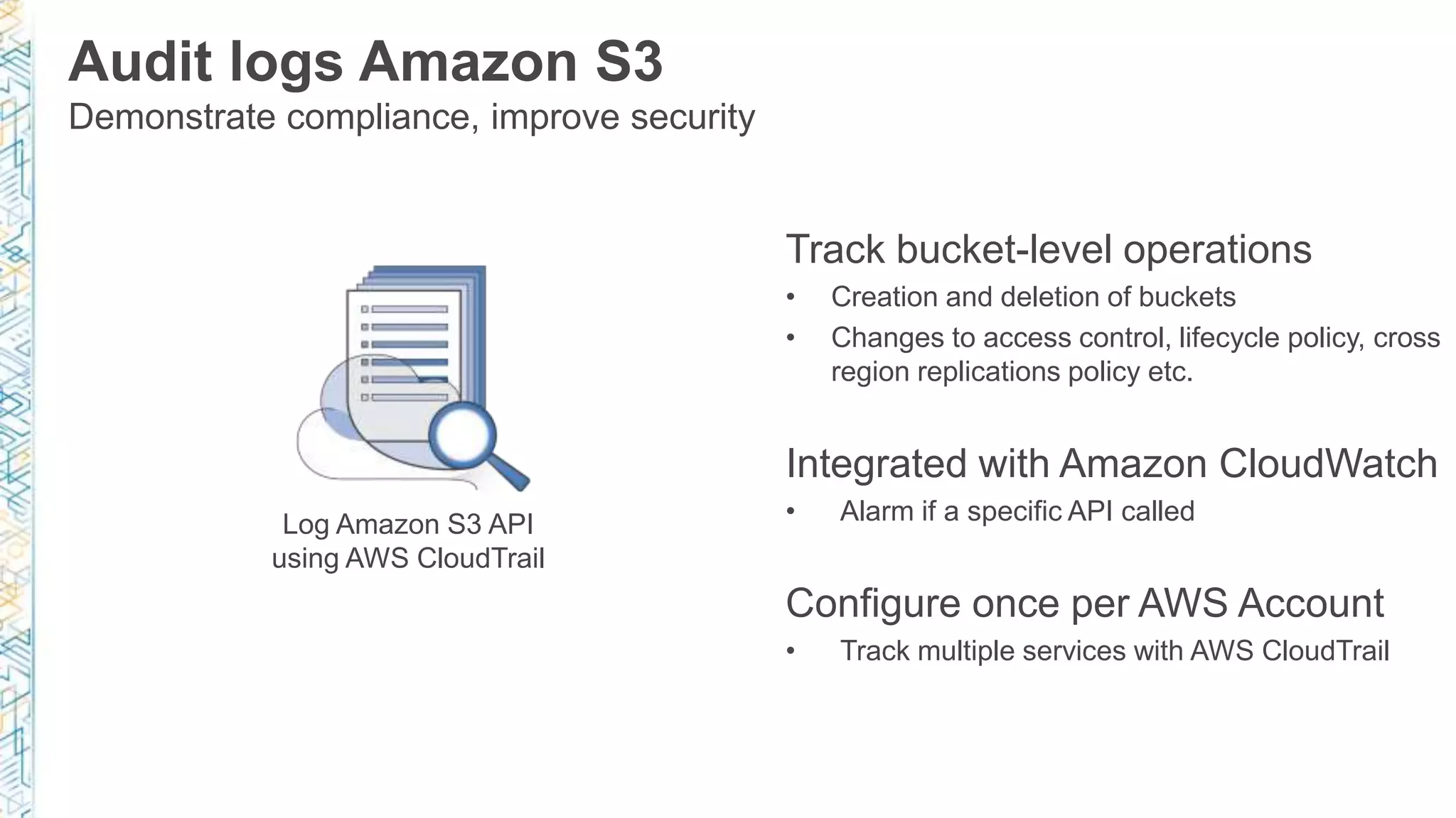 Audit logs Amazon S3
Demonstrate compliance, improve security
Log Amazon S3 API
using AWS CloudTrail
Track bucket-level operations
• Creation and deletion of buckets
• Changes to access control, lifecycle policy, cross
region replications policy etc.
Integrated with Amazon CloudWatch
• Alarm if a specific API called
Configure once per AWS Account
• Track multiple services with AWS CloudTrail
 