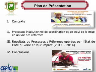 Plan de Présentation
I. Contexte
II. Processus institutionnel de coordination et de suivi de la mise
en œuvre des réformes
III. Résultats du Processus : Réformes opérées par l’État de
Côte d’Ivoire et leur impact (2013 – 2014)
IV. Conclusions
 