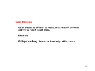 Input Controls    when output is difficult to measure & relation between activity & result is not clear.    Example :    College teaching  Resources, knowledge, skills, values10