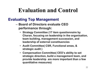 22Evaluation and Control Evaluating Top ManagementBoard of Directors evaluate CEO performance through:Strategy Committee (17 item questionnaire by Charan, focusing on leadership in the organisation, team building, management succession, and leadership of external constituenciesAudit Committee( CSR, Functional areas, & strategic audit ) Compensation Committee( CEO’s ability to set strategic direction, build a management team, and provide leadership  are more important than a few  quantitative measures)