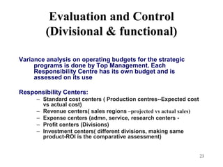 23Evaluation and Control (Divisional & functional) Variance analysis on operating budgets for the strategic programs is done by Top Management. Each Responsibility Centre has its own budget and is assessed on its useResponsibility Centers:Standard cost centers ( Production centres--Expected cost vs actual cost)Revenue centers( sales regions –projected vs actual sales)Expense centers (admn, service, research centers - Profit centers (Divisions)Investment centers( different divisions, making same product-ROI is the comparative assessment)