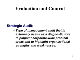 26Evaluation and Control Problems in Measuring Performance:1)Lack of quantifiable objectives/performance standards2)Lack of timely and valid information3) Side effects of measurement (DEMING was against quantifiable goals) 3.1 Short-term orientation( ROI) manipulation of earnings /investment3.2 Goal displacement( Means become ends themselves)Behavior substitution (doing only those activities which are rewarded .Quantifiable drives out non quantifiableSub optimization (Local optimization)