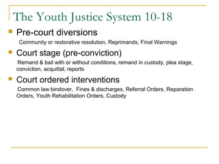 The Youth Justice System 10-18
 Pre-court diversions
Community or restorative resolution, Reprimands, Final Warnings
 Court stage (pre-conviction)
Remand & bail with or without conditions, remand in custody, plea stage,
conviction, acquittal, reports
 Court ordered interventions
Common law bindover, Fines & discharges, Referral Orders, Reparation
Orders, Youth Rehabilitation Orders, Custody
 